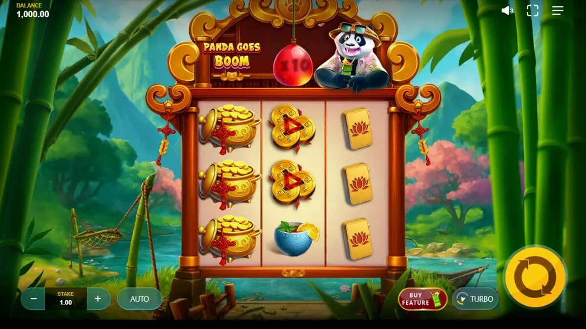 Panda Goes Boom slot dengan latar belakang hutan bambu dan panda yang sedang bersantai.