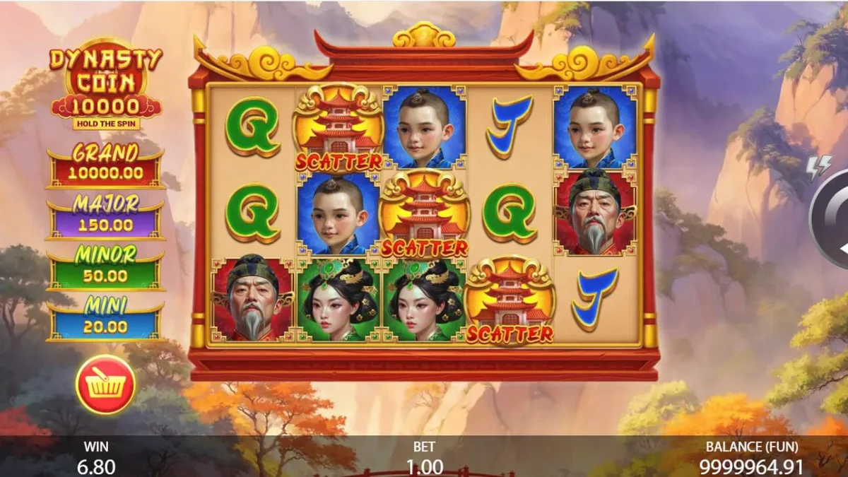Tampilan visual slot Dynasty Coin 10,000: Hold the Spin dengan tema Oriental yang megah