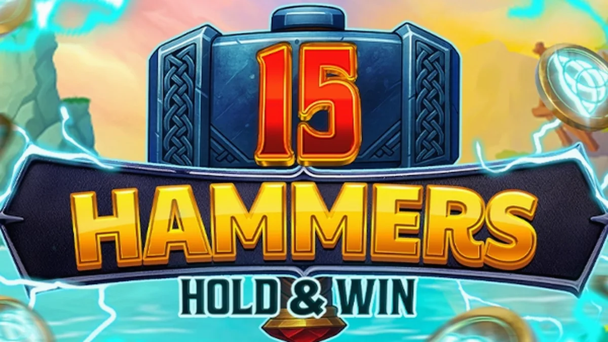 Tampilan layar permainan slot 15 Hammers: Hold & Win dengan tema palu yang menarik