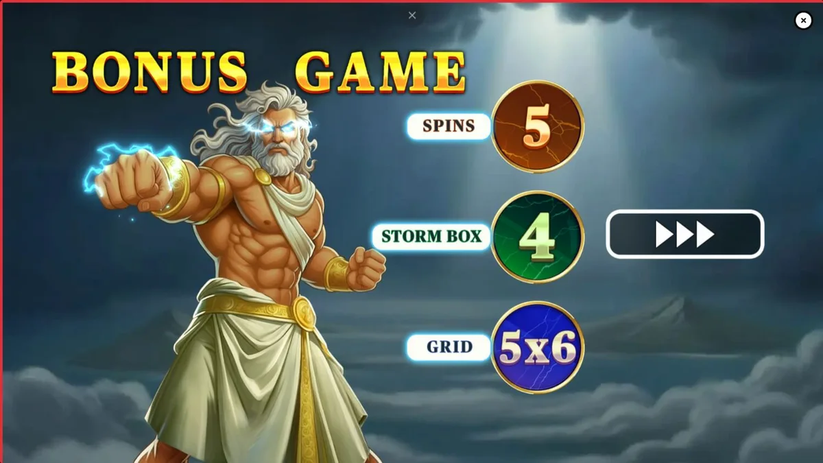 Pots of Power: Zeus slot game interface featuring golden Greek symbols and lightning effects.