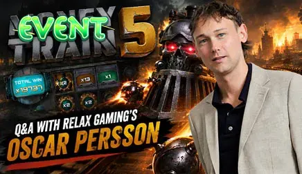 Tampilan visual kereta Money Train 5 dengan elemen mekanis yang dinamis